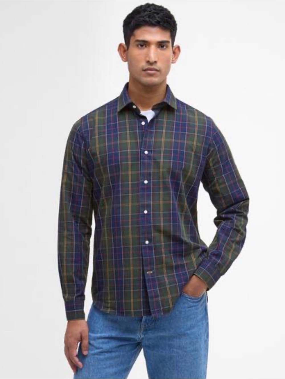 Barbour Kenton Tailored Fit Men's Olive Navy Tartan Button-Down Shirt